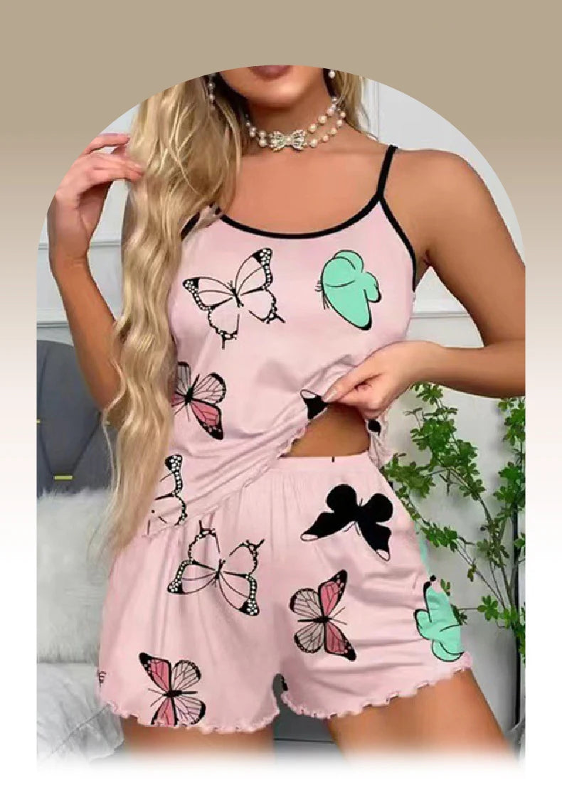 Conjunto Pijama Feminino Estampa Borboleta - Top Cami e Short com Babado
