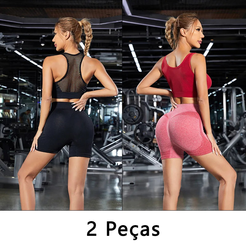 Conjunto 2 Shorts de Yoga Feminino Cintura Alta - Levanta Bumbum Fitness com Controle de Barriga