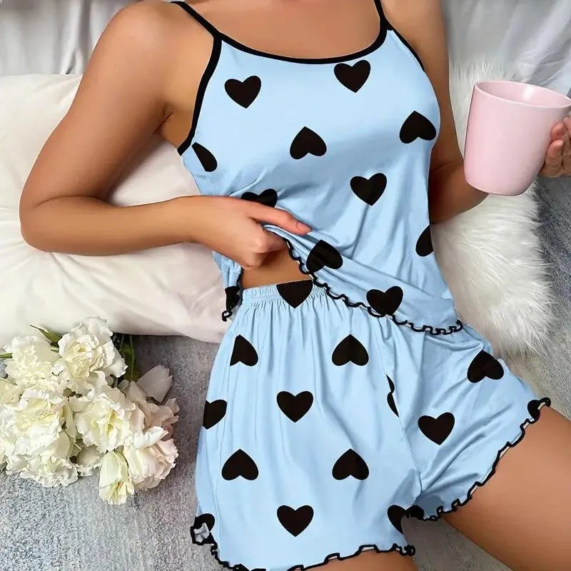 New women's sleepwear set with blue heart-shaped printed suspender casual elastic and comfortable sleepwear all season home wear