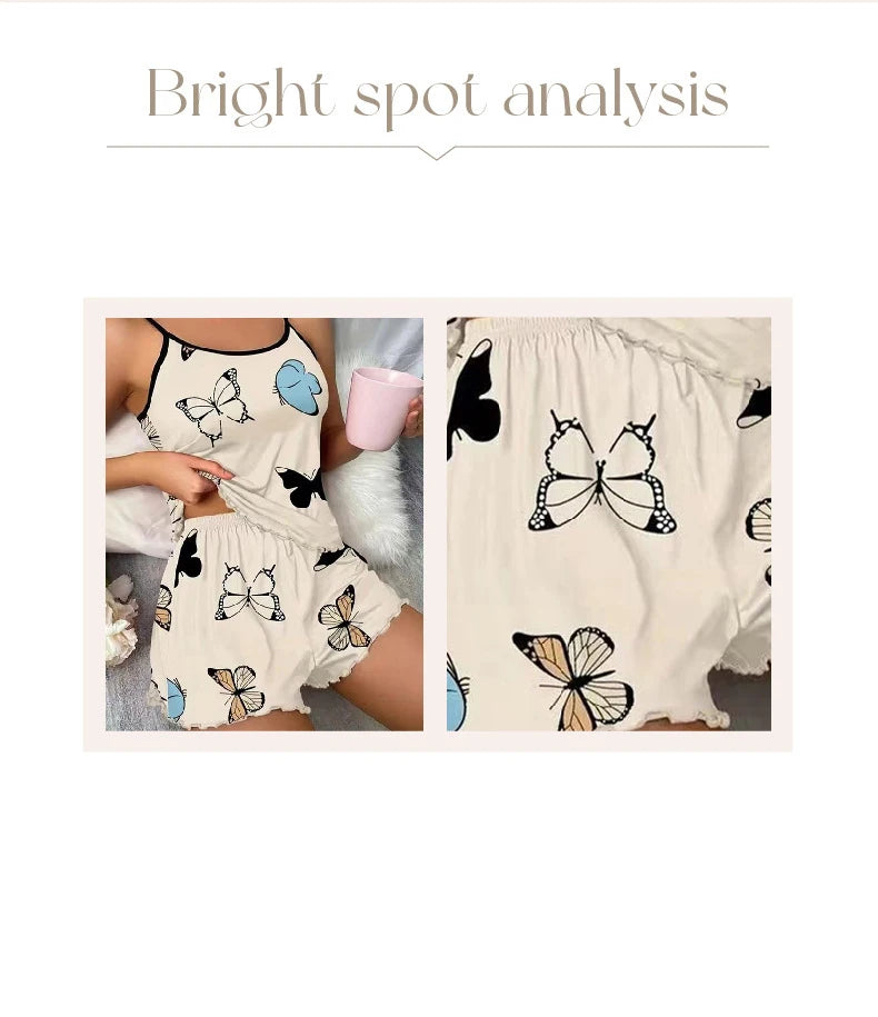 Womens New Butterfly Print Pajama Pj Set Casual Cami Top and Ruffle Short Set Fashion Sleepwear Comfy Loungewear Hot Sale