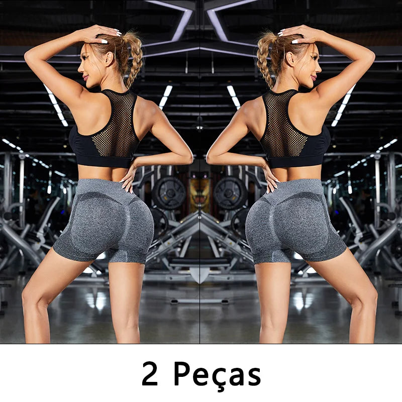 Conjunto 2 Shorts de Yoga Feminino Cintura Alta - Levanta Bumbum Fitness com Controle de Barriga