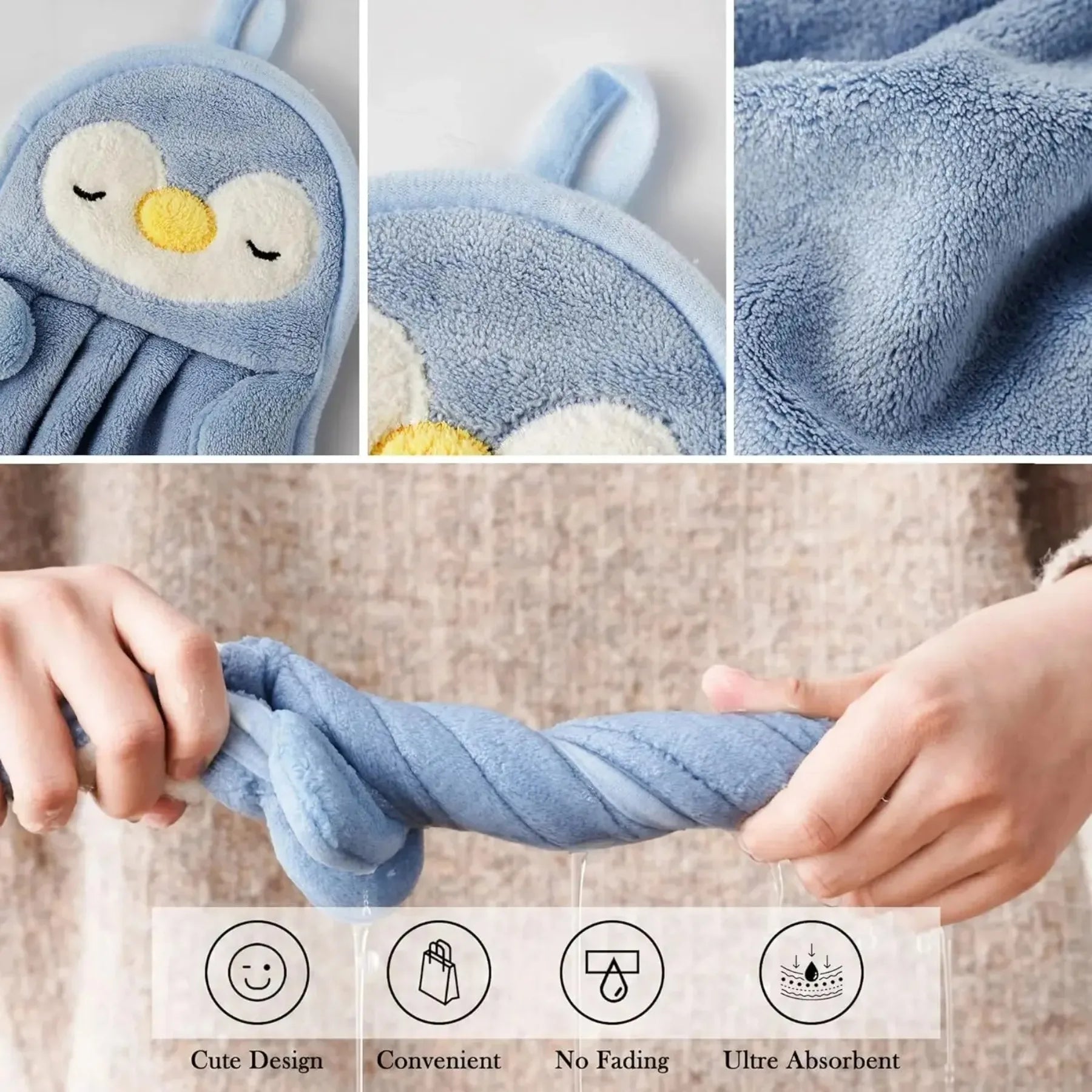 Uma mini toalha super macia com estampas de animais fofos — ideal para escola, casa ou qualquer momento do dia.