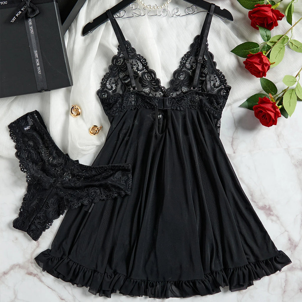 Conjunto de Lingerie Sexy com Renda - Camisola Transparente e Calcinha