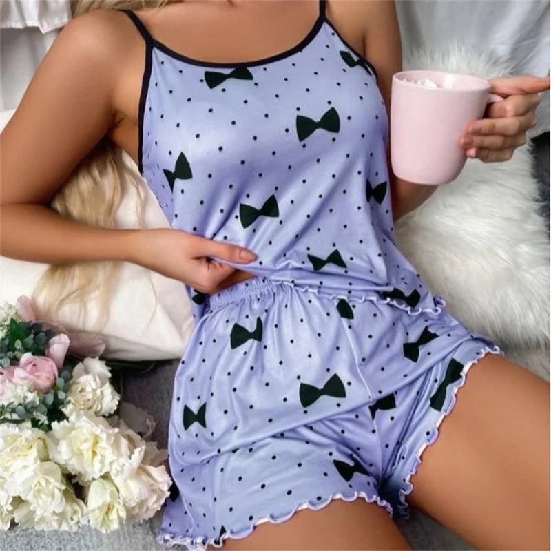New women's sleepwear set with blue heart-shaped printed suspender casual elastic and comfortable sleepwear all season home wear