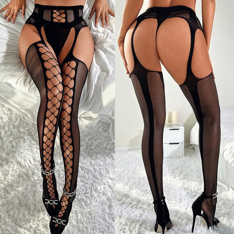 Black Stripe Elastic Tights Sexy Stocking With Garter Belt Erotic Lingerie Women Fishnet Hollow Pantyhose Crotchless Stockings