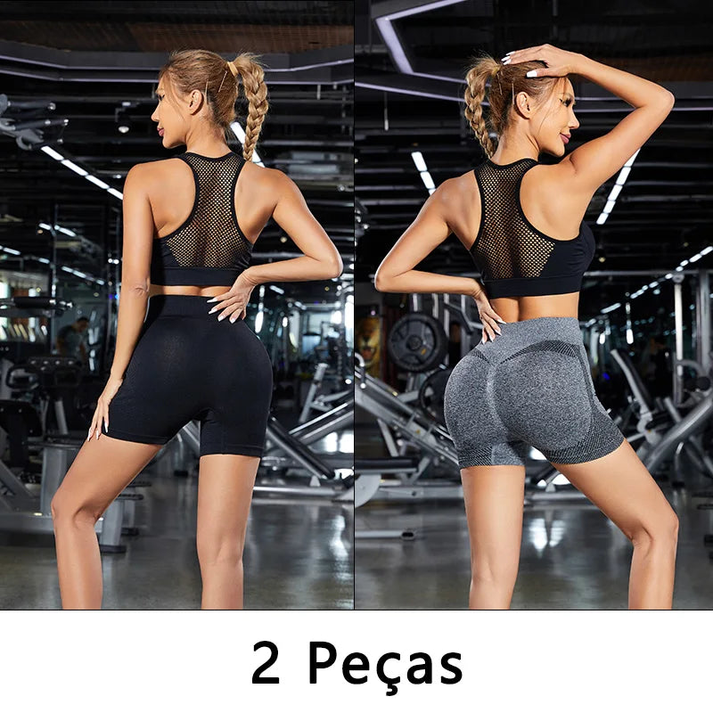 Conjunto 2 Shorts de Yoga Feminino Cintura Alta - Levanta Bumbum Fitness com Controle de Barriga