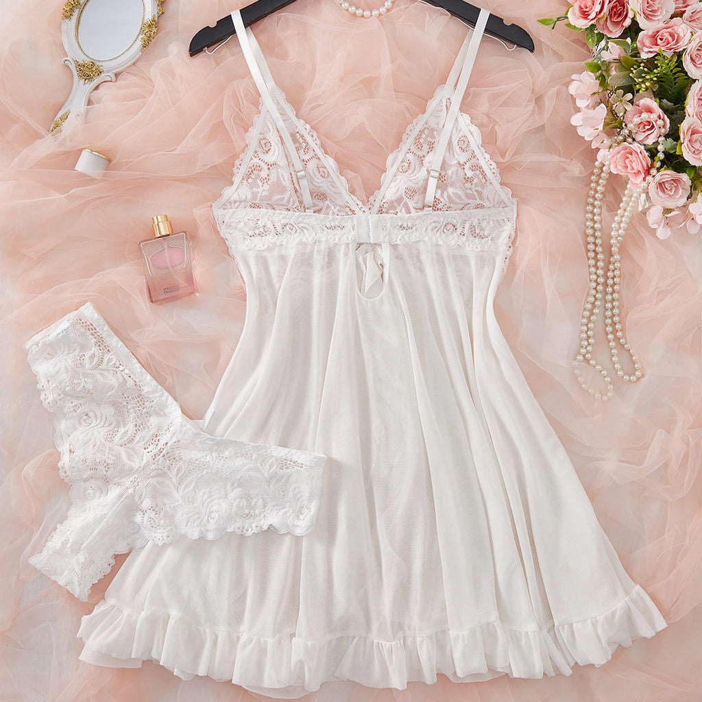Conjunto de Lingerie Sexy com Renda - Camisola Transparente e Calcinha