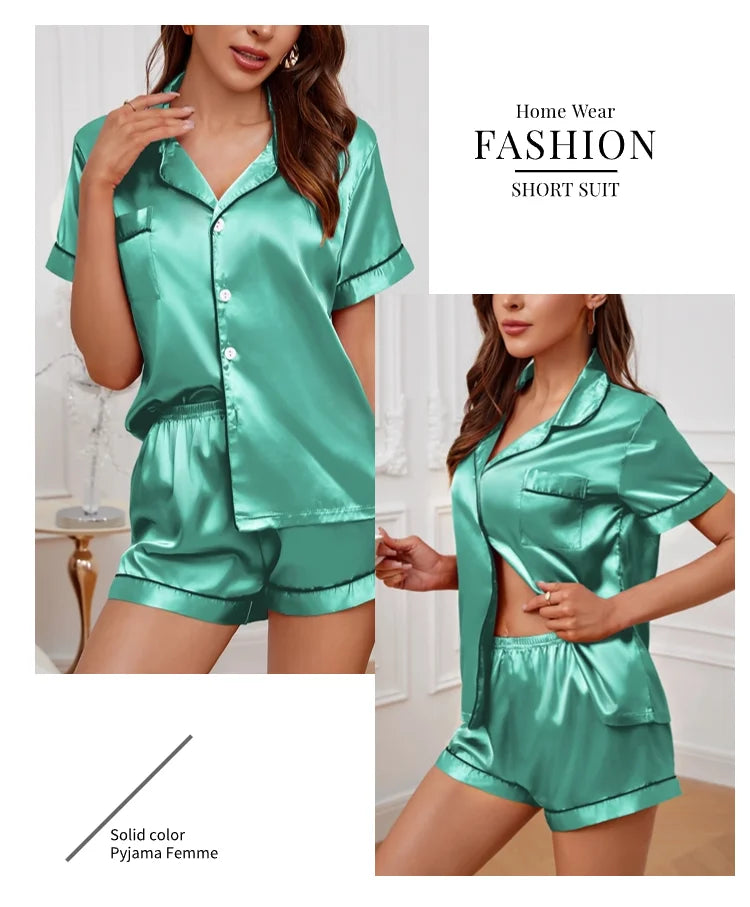 Women's Pajamas Set Satin Sleepwear Button Down Tops and Shorts Pajama 2 Piece Suit Pyjama Femme Nightwear Loungewear for Summer