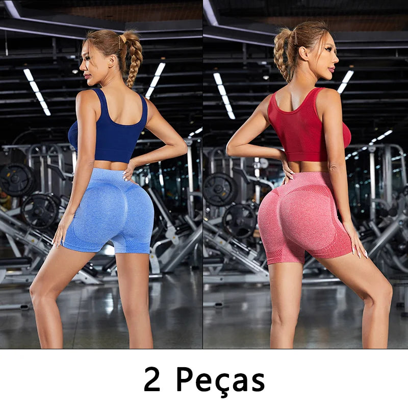 Conjunto 2 Shorts de Yoga Feminino Cintura Alta - Levanta Bumbum Fitness com Controle de Barriga