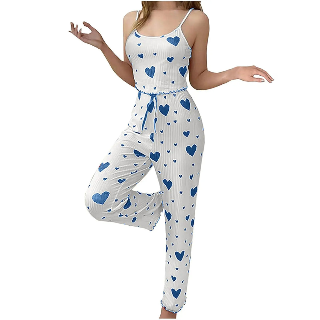 Plus Size Women Pajamas Set 2 Piece Sleeveless Vest and Trousers White Soft Breathable Sleepwear Casual Red Heart Print