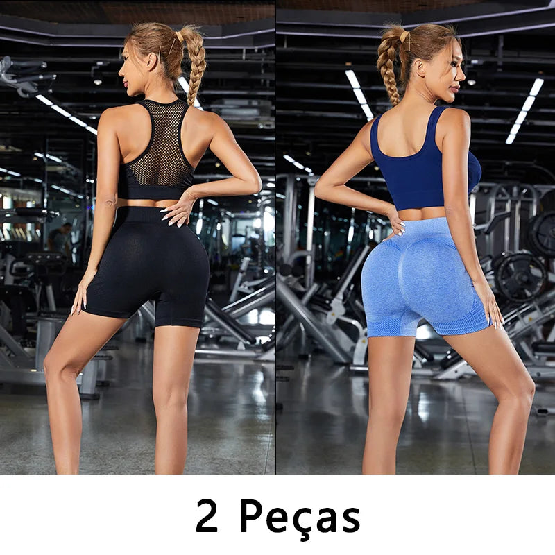 Conjunto 2 Shorts de Yoga Feminino Cintura Alta - Levanta Bumbum Fitness com Controle de Barriga