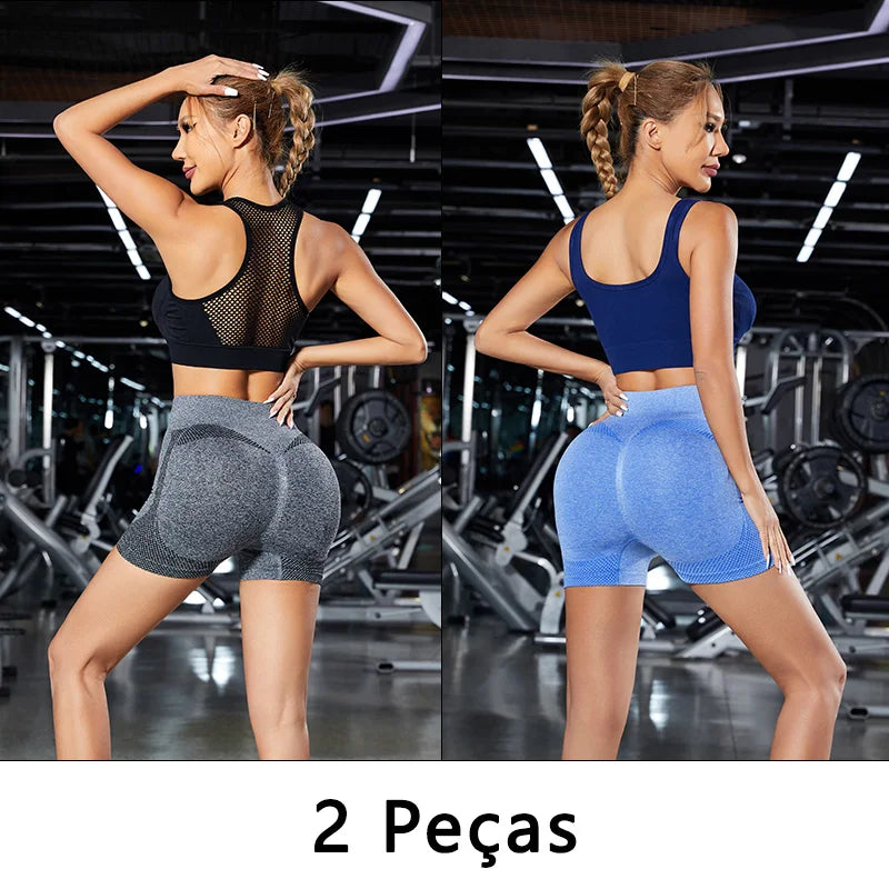Conjunto 2 Shorts de Yoga Feminino Cintura Alta - Levanta Bumbum Fitness com Controle de Barriga