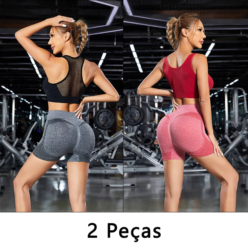 Conjunto 2 Shorts de Yoga Feminino Cintura Alta - Levanta Bumbum Fitness com Controle de Barriga