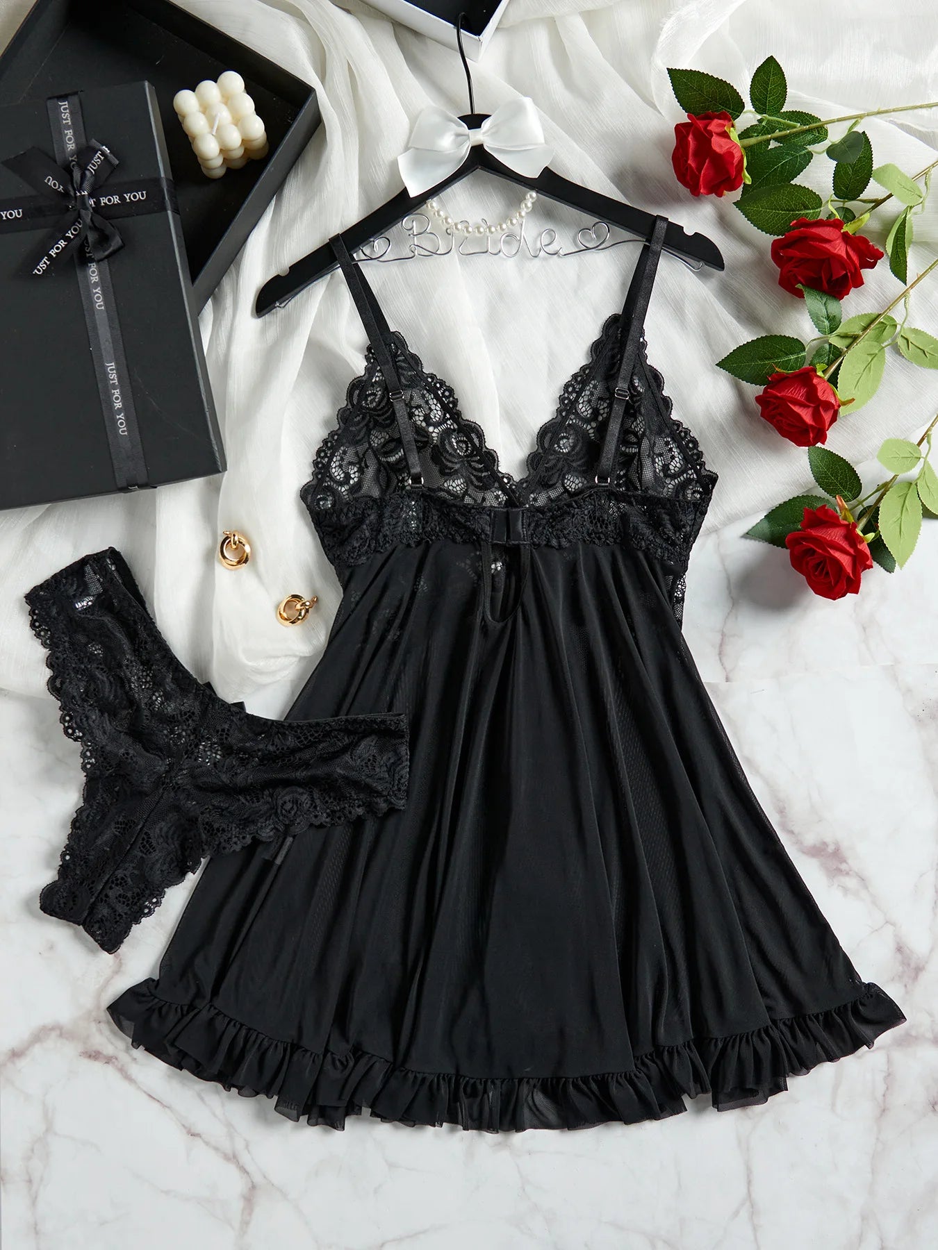 Conjunto de Lingerie Sexy com Renda - Camisola Transparente e Calcinha