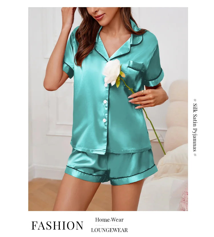 Women's Pajamas Set Satin Sleepwear Button Down Tops and Shorts Pajama 2 Piece Suit Pyjama Femme Nightwear Loungewear for Summer