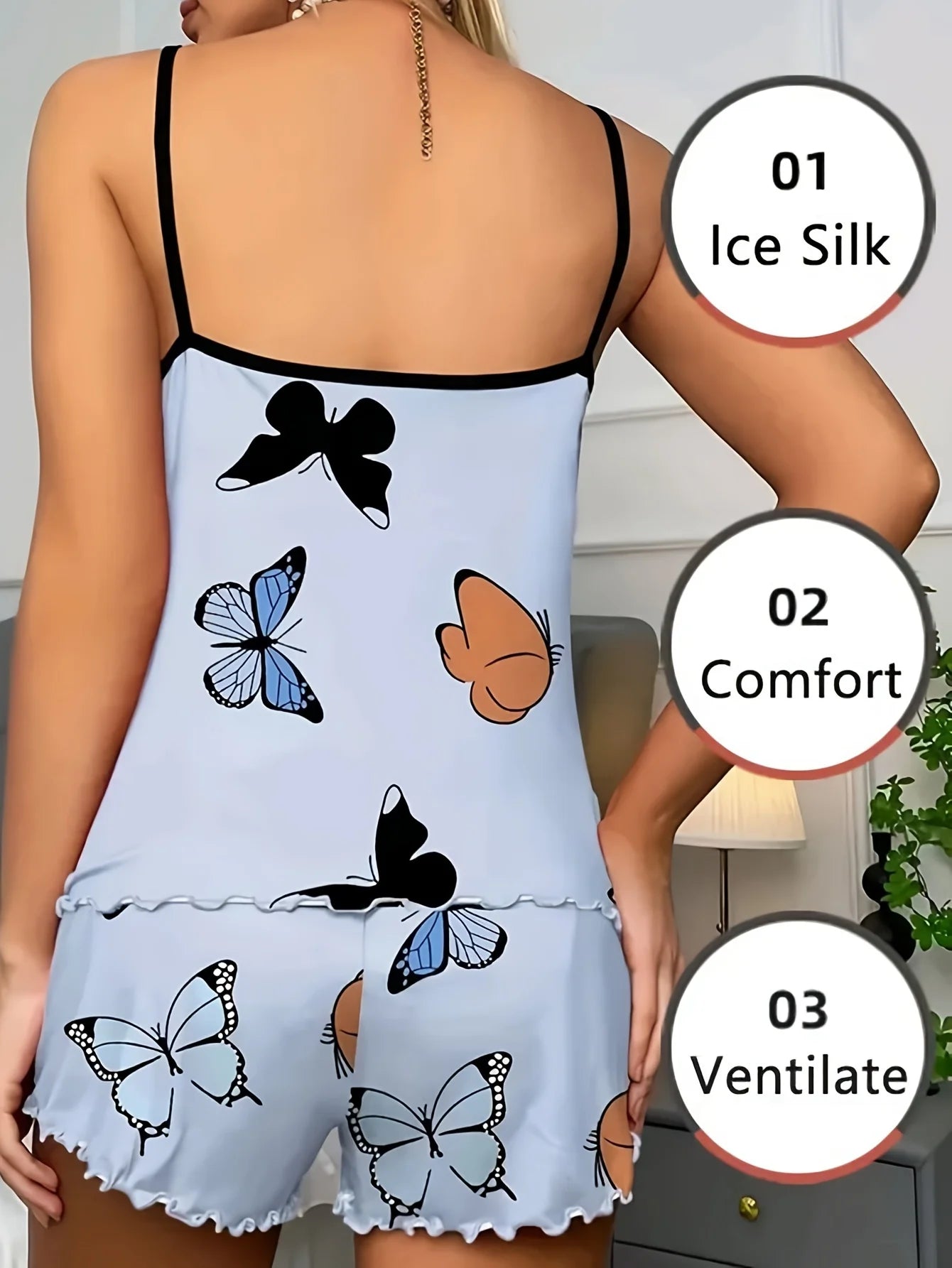 Womens New Butterfly Print Pajama Pj Set Casual Cami Top and Ruffle Short Set Fashion Sleepwear Comfy Loungewear Hot Sale