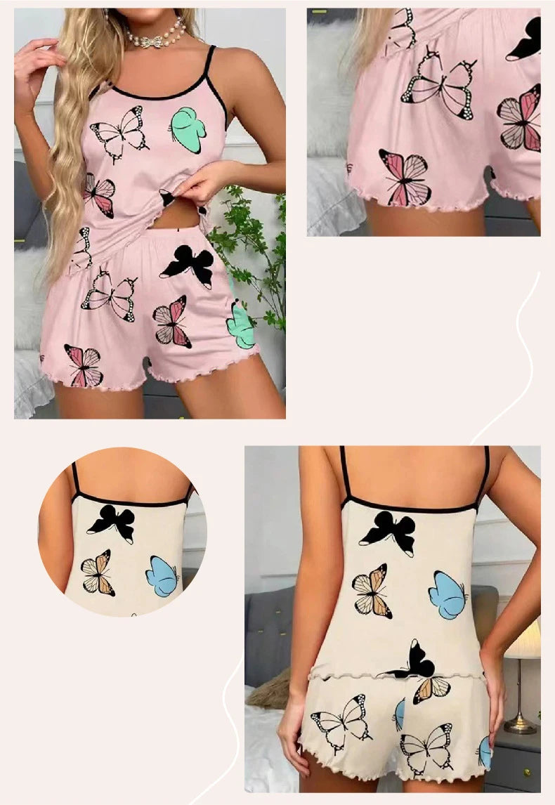 Conjunto Pijama Feminino Estampa Borboleta - Top Cami e Short com Babado