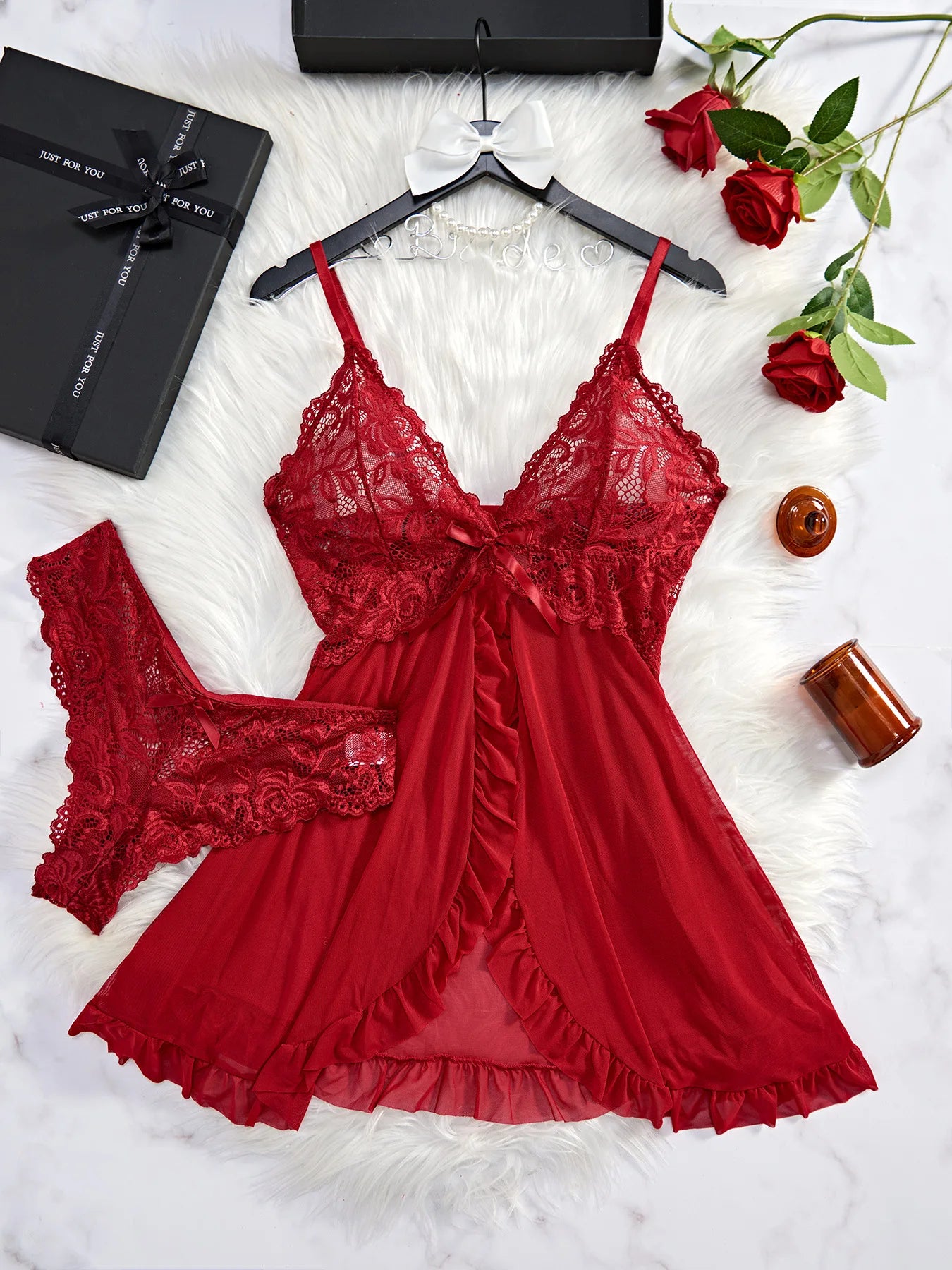 Conjunto de Lingerie Sexy com Renda - Camisola Transparente e Calcinha