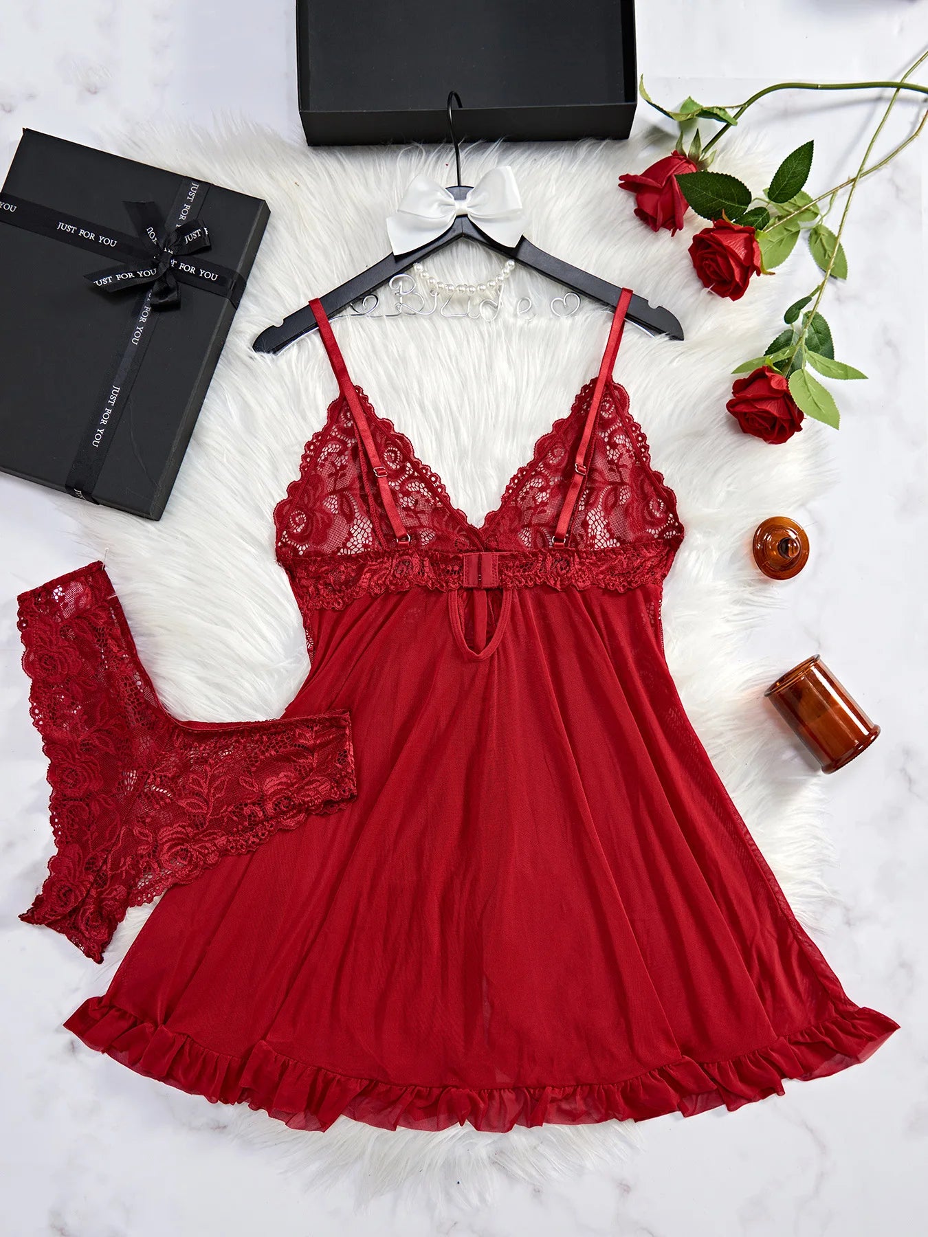 Conjunto de Lingerie Sexy com Renda - Camisola Transparente e Calcinha