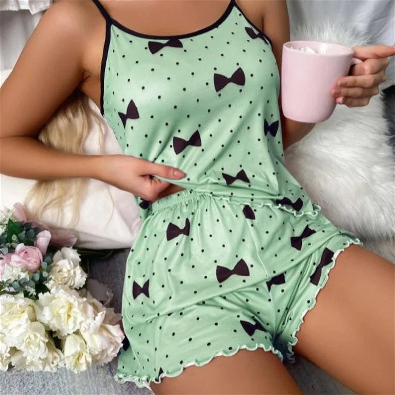 New women's sleepwear set with blue heart-shaped printed suspender casual elastic and comfortable sleepwear all season home wear