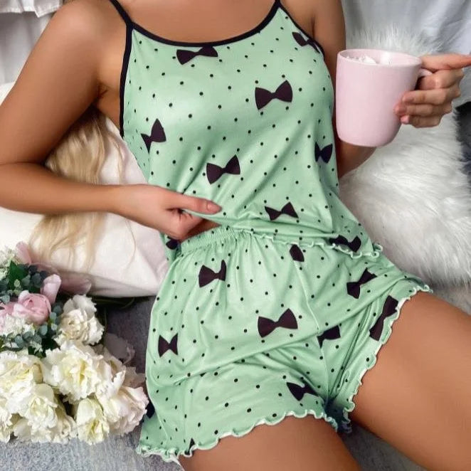 New women's sleepwear set with blue heart-shaped printed suspender casual elastic and comfortable sleepwear all season home wear