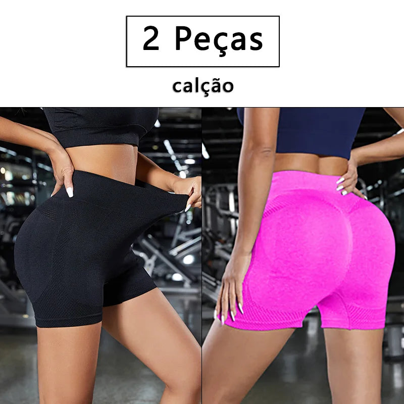 Conjunto 2 Shorts de Yoga Feminino Cintura Alta - Levanta Bumbum Fitness com Controle de Barriga